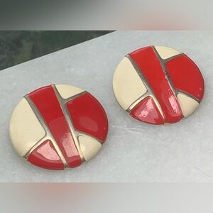 Vintage 70s Red Cream Enamel Clip Earrings Mod Statement